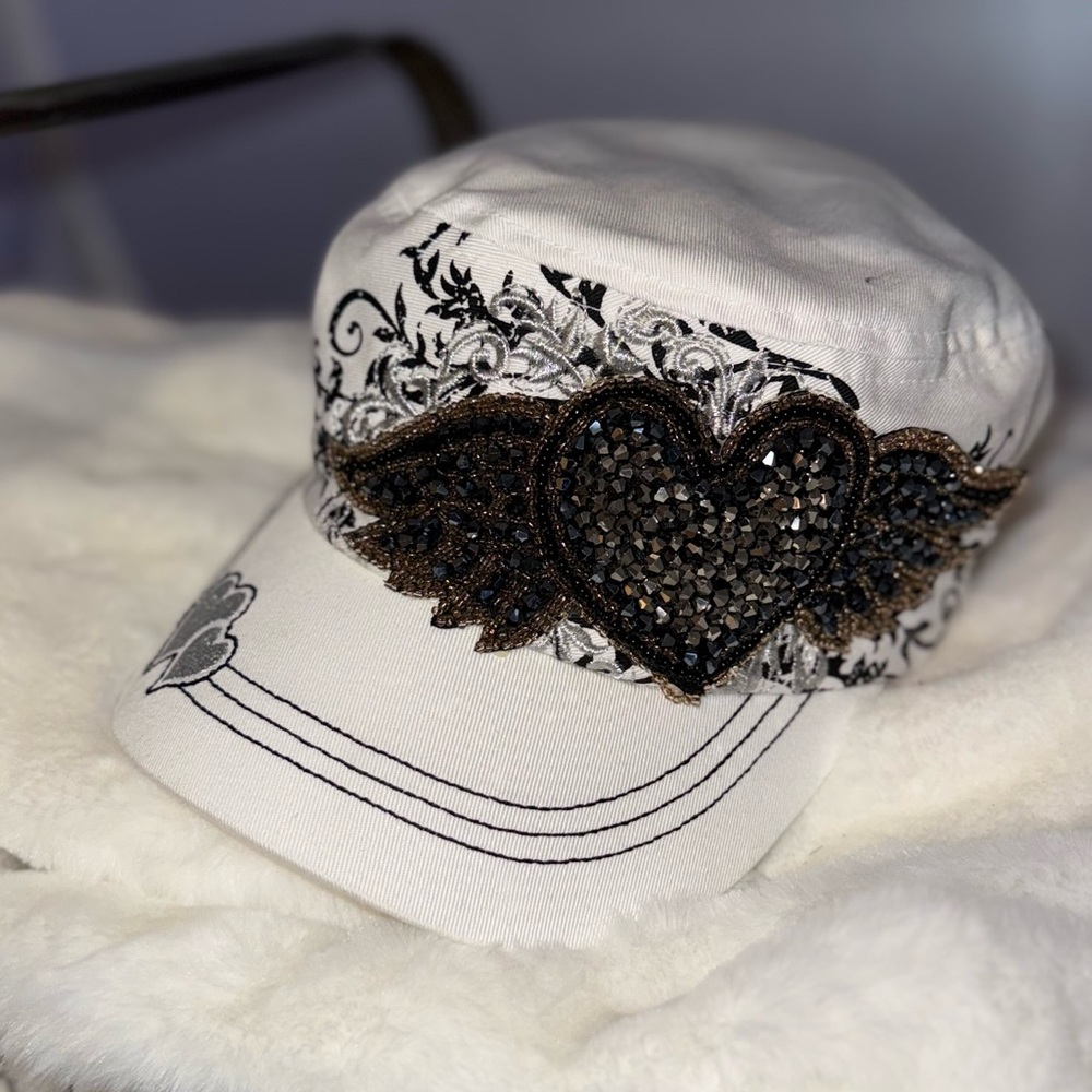 Embellished White Cap with Heart Design